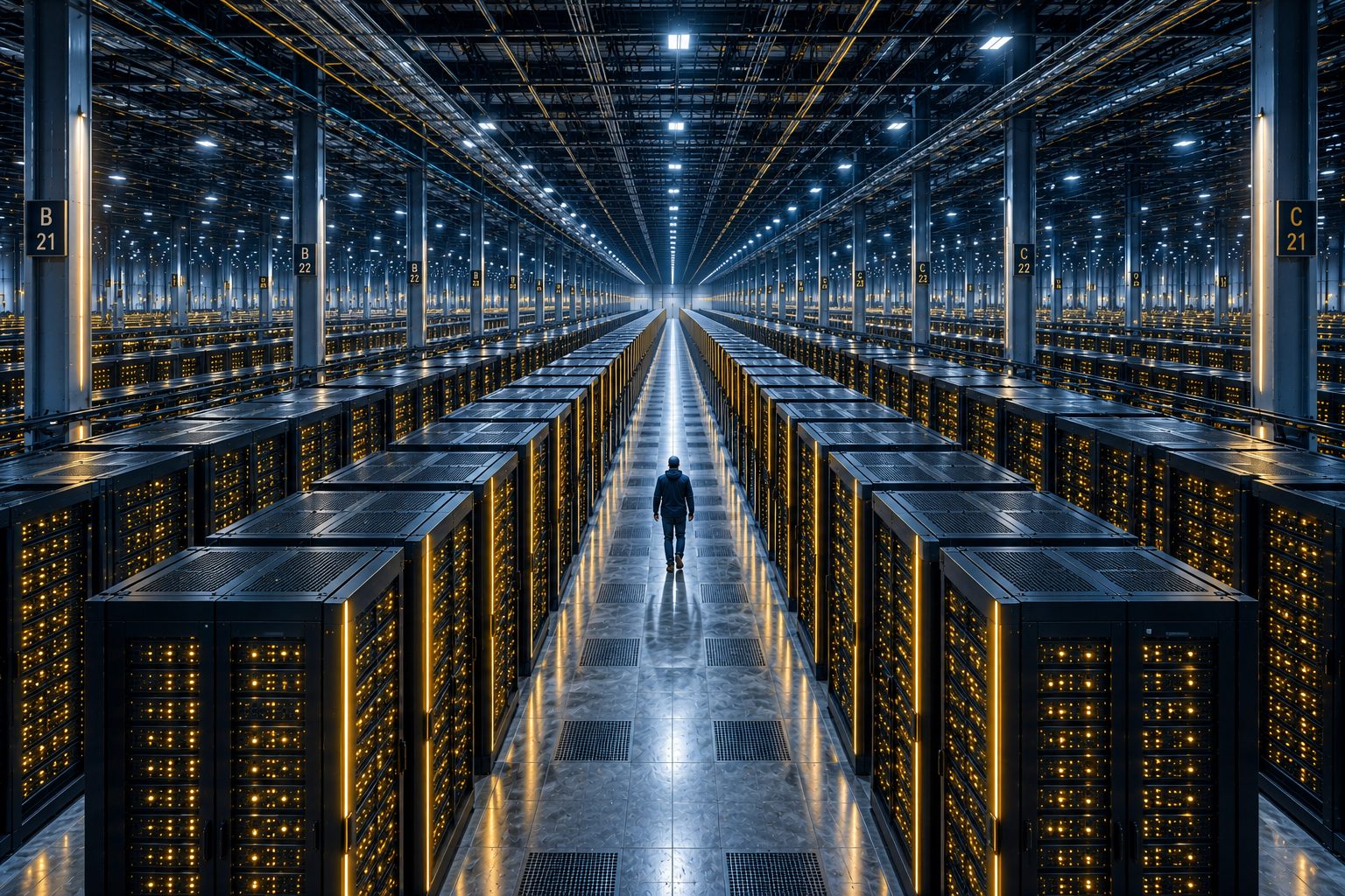 A vast data center hall with endless rows of illuminated server racks and a single engineer walking the central aisle