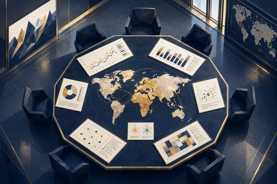 An isometric strategy room with charts, a world map, and data displays arranged around a table