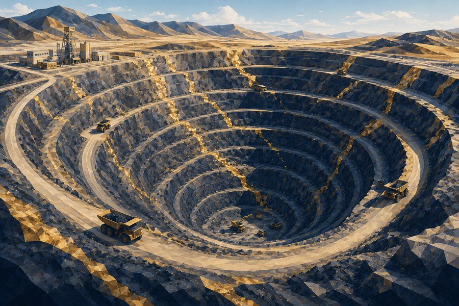 An open-pit lithium mine with a spiral haul road, mining trucks, and processing facility