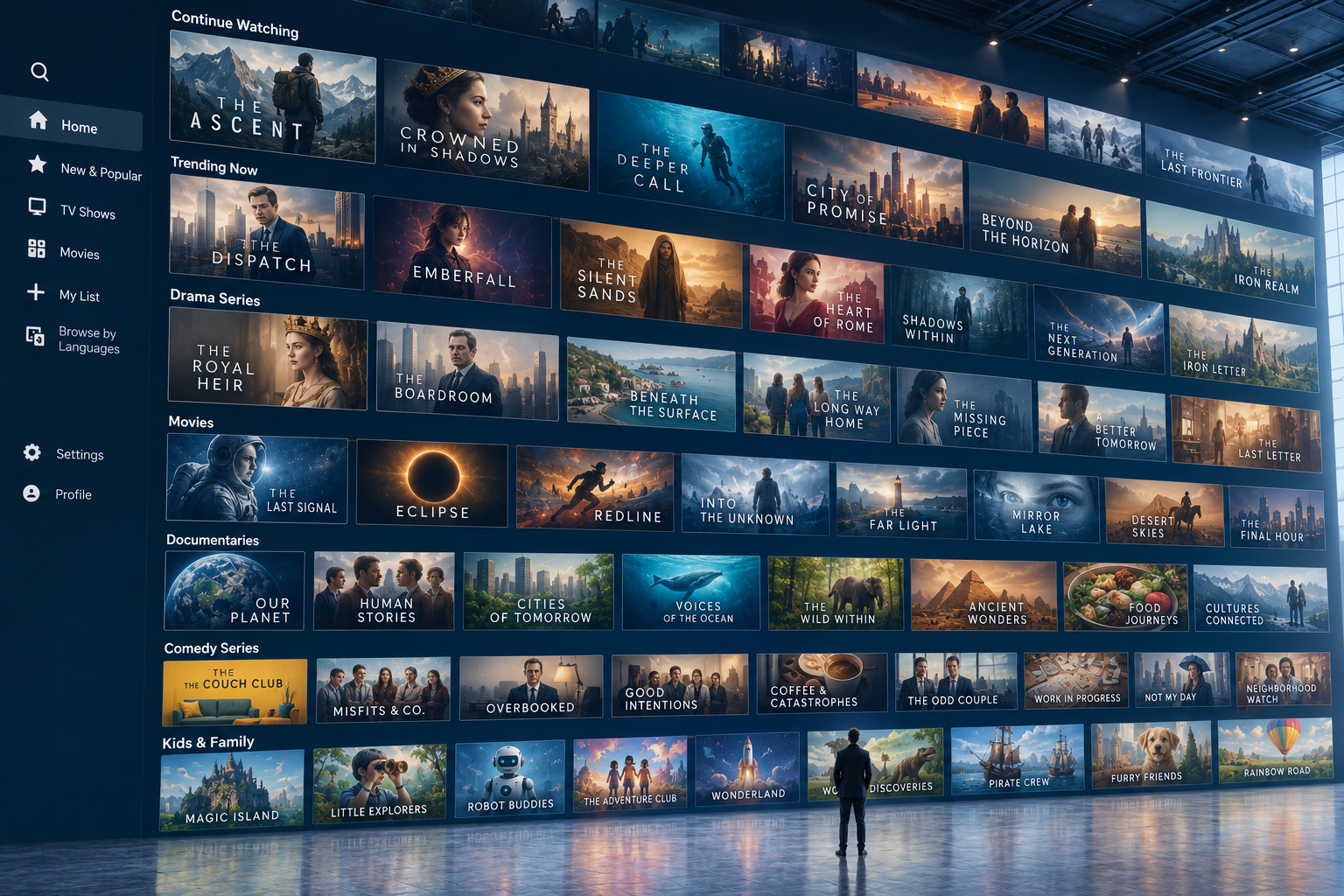 A person dwarfed by a massive video wall showing rows of glowing streaming-platform content tiles