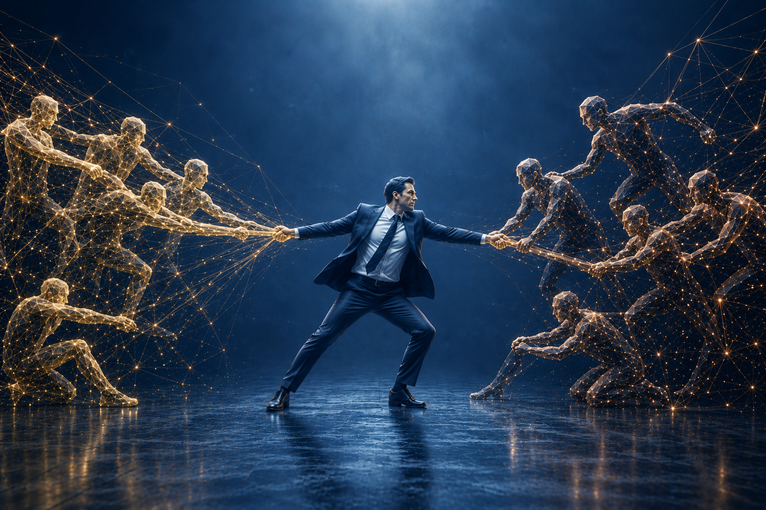 An executive in a dark suit caught in a tug-of-war between two crowds of glowing, network-linked figures